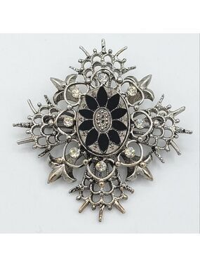 Vintage Black & Silver Brooch Marquis Style #3045